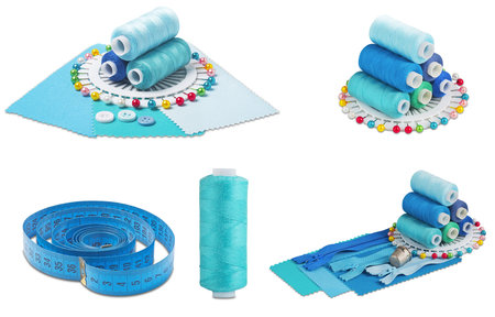 Set of 5 different sewing items photo. Sewing thread, needle, bobbins, buttons, zip on isolated...
