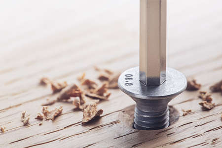 hex bolt screw by hex wrench in wooden oaks plate. Spanner, bolt, screw and nuts.の写真素材