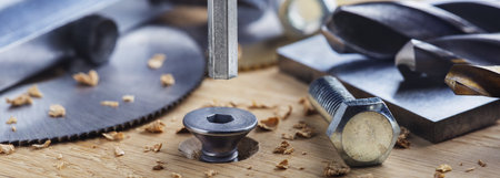 hex bolt screw by hex wrench in wooden oaks plate with with vernier caliper and rulerの写真素材