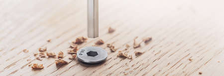 hex bolt screw by hex wrench in wooden oaks plate. Spanner, bolt, screw and nuts.の写真素材