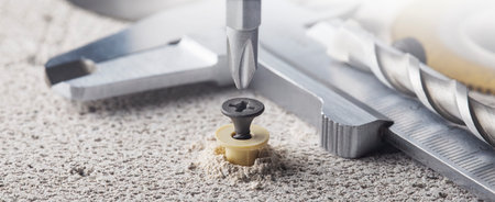 screwdriver screw and dowel in a concrete wall background