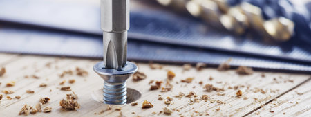 Screwdriver screw bolt in wooden oak plank. Spanner, bolt, screw and nuts.の写真素材