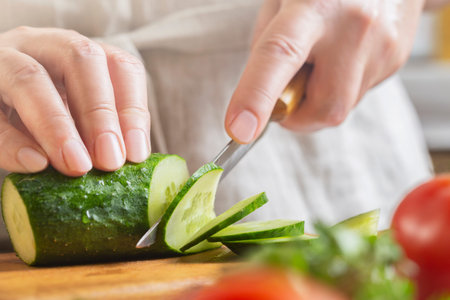 Chef slicing cucumber on the table in restaurant. Process of cutting vegetables in kitchen.の写真素材