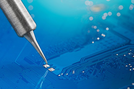 soldering iron solders the electronic components onto the PCB. Electronics repair and digital...