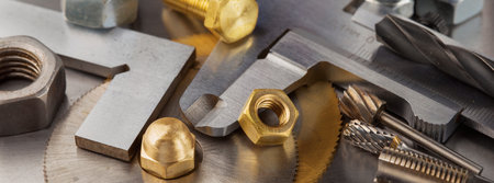 nuts, bolts, screws, washers, bearings on a metal steel background.