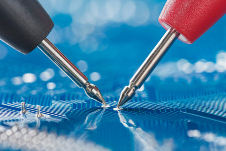 Measuring electronic signal from component on the PCB. Electronics repair and digital technology.