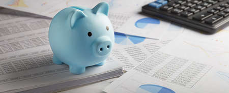 Moneybox for money on the background of documents and financial charts. Investment and capital accumulation concept.の写真素材