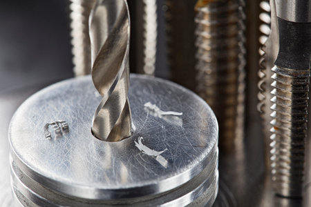 metal drill bit make holes in aluminum radiator on industrial drilling machine. metal work industry.