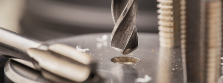 metal drill bit make holes in aluminum billet on industrial drilling machine with shavings. metal...