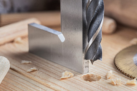 drill bit with steel triangle ruler make sink in hole for screw in wooden oak plank