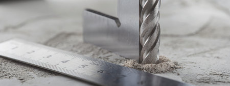 drill bit make holes in concrete wall with steel triangle. building work industry.