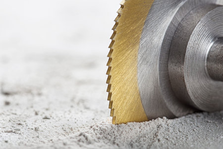 Metal saw, end mill or drill bit with diamond coating makes hole in concrete slab. Industry and...