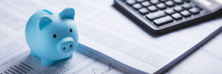 Moneybox for money on the background of documents and financial charts. Investment and capital accumulation concept.の写真素材