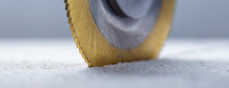 Metal saw, end mill or drill bit with diamond coating makes hole in concrete slab. Industry and construction.の写真素材