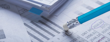 Accounting document with eraser erases blots in the document and checking financial chart. Concept...