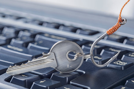 phishing, hacking personal data and money, key and hook on computer keyboard.