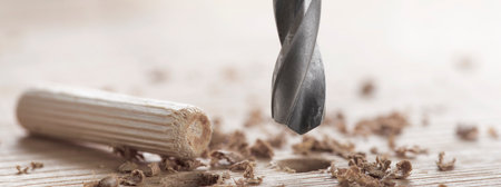 drill bit makes a hole in wooden oak board for wooden dowel.の写真素材