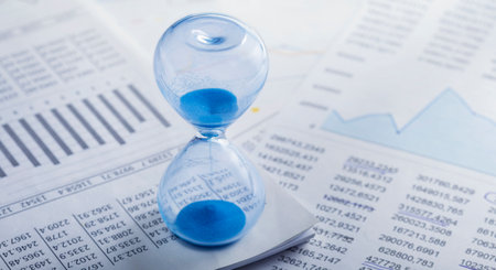 Best time for investment. Hourglass, financial charts and calculator.の写真素材