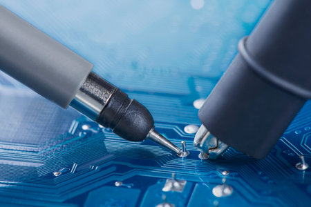 Measuring electronic signal using oscilloscope on the PCB. Electronics repair and digital...