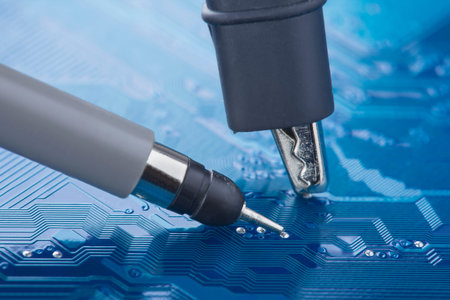 Measuring electronic signal using oscilloscope on the PCB. Electronics repair and digital...