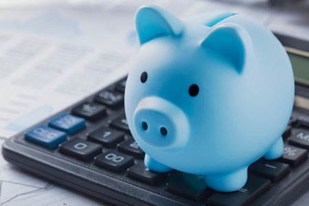 pig money box for money on background with calculator and financial charts. investment and capital...