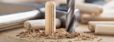 drill bit makes a hole in wooden oak board for wooden dowel.