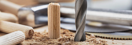drill bit makes a hole in wooden oak board for wooden dowel.