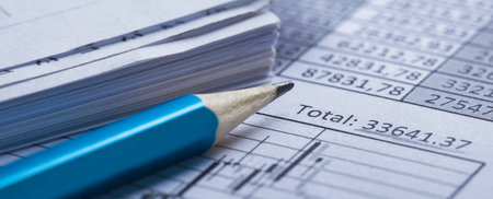 Checking the value of securities. Pencil, share listing and checking financial chart. Concept of...
