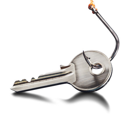 Key and fishing hook on isolated white background. Concept of phishing, hacking personal data and...