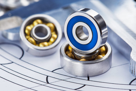 bearings of different types, micrometer, caliper and ruler on the drawings of technical products. technologies and engineering.の写真素材