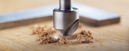 Countersink drill bit with steel triangle ruler make sink in hole for screw in wooden oak plankの写真素材