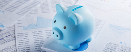 Moneybox for money on the background of documents and financial charts. investment and capital accumulation conceptの写真素材
