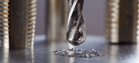 metal drill bit with lubrication oil liquid make holes in steel billet on industrial drilling machine. metal work industryの写真素材
