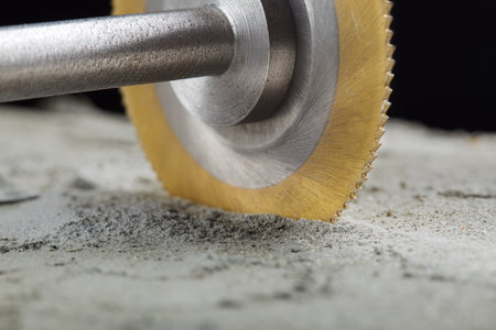 Metal saw, end mill or drill bit with diamond coating makes hole in concrete slab. Industry and construction.の写真素材