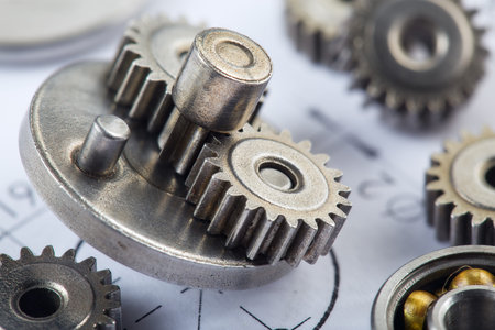 Close up metal gears and bearings. Background with drawings of the mechanism. industrial mechanism.
