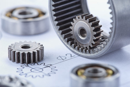 Close up metal gears and bearings. Background with drawings of the mechanism. industrial mechanism.