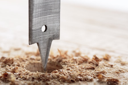flat or paddle drill bit make holes in wooden oaks plankの写真素材