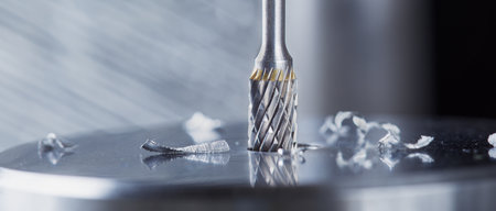 Milling cutter make sink in hole in steel billet. locksmith work.の写真素材