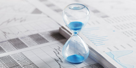 Best time for investment. Hourglass, financial charts and calculator.