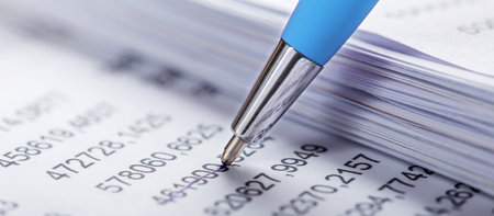 Accounting document with pen, money, coins and checking financial chart. Concept of banking,...