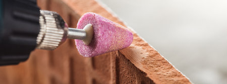 grinding bevel of ceramic tiles by grinding stone using drill.の写真素材