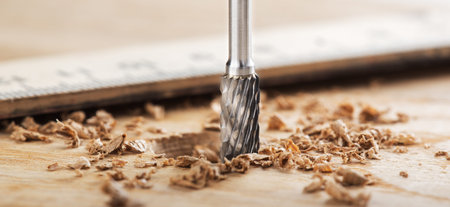 end mill makes a hole in the wooden oak table with wood
