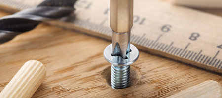 screwdriver screw in a wood oaks plank