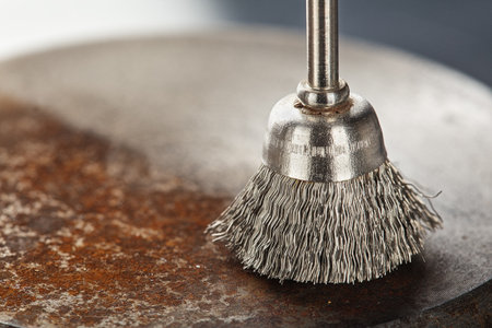 steel brush for drill clean off old metal sheet with rustの写真素材