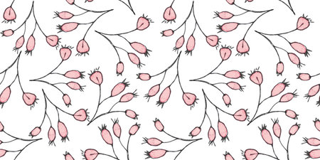 Autumn seamless pattern with wild rose, painted in watercolor