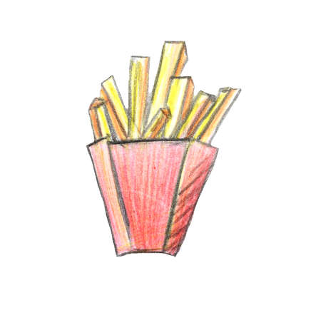illustration French fries drawn with colored pencils by handの写真素材