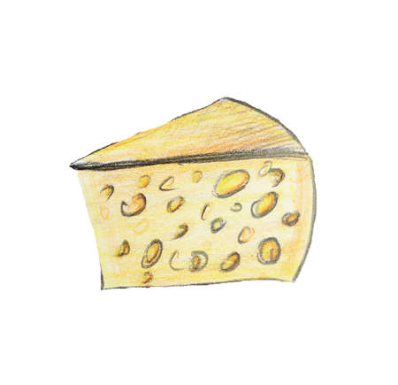 A piece of cheese drawn with colored pencils by hand.の写真素材