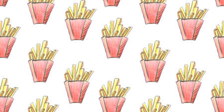 Seamless illustration of French fries drawn with colored pencilsの写真素材