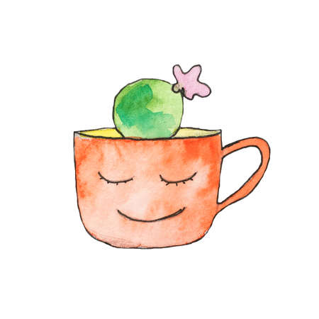 Watercolor drawing of a cactus in colorful pots isolated on a white backgroundの写真素材