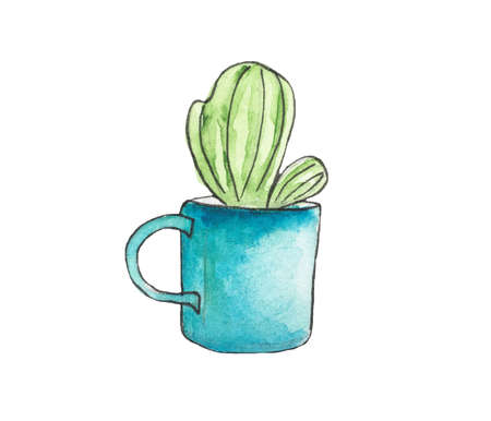 Watercolor drawing of a cactus in colorful pots isolated on a white backgroundの写真素材